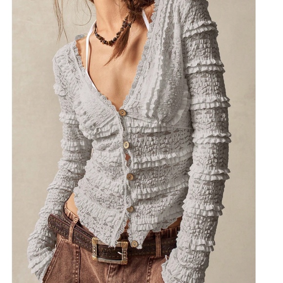 Boho Fitted Button Down Frill Ruffle Detail Long Sleeve top - Picture 6 of 11